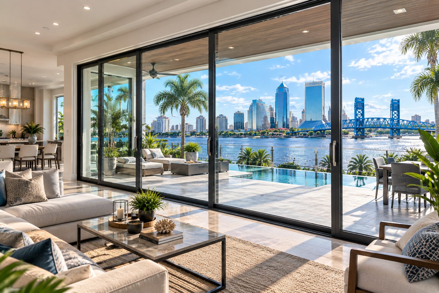Modern living room with open sliding glass doors overlooking a pool and the Jacksonville skyline
