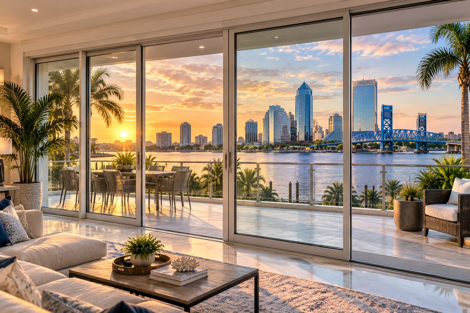 Living room with sliding glass doors at sunset over the St. Johns River
