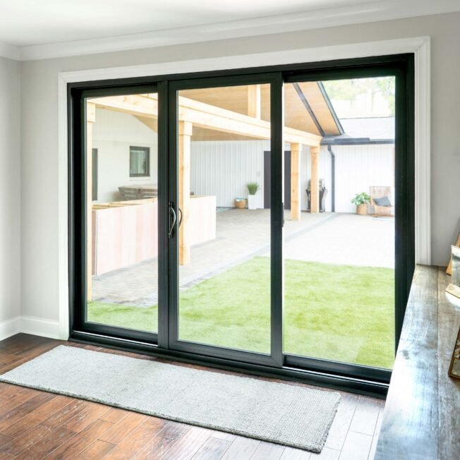 New black-framed sliding patio door