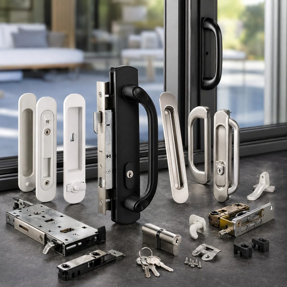Sliding door locks and handle hardware
