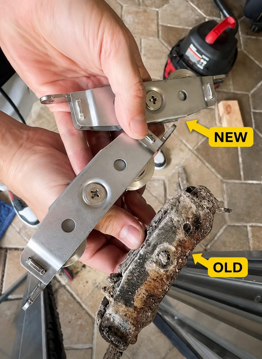 New versus old worn sliding door rollers