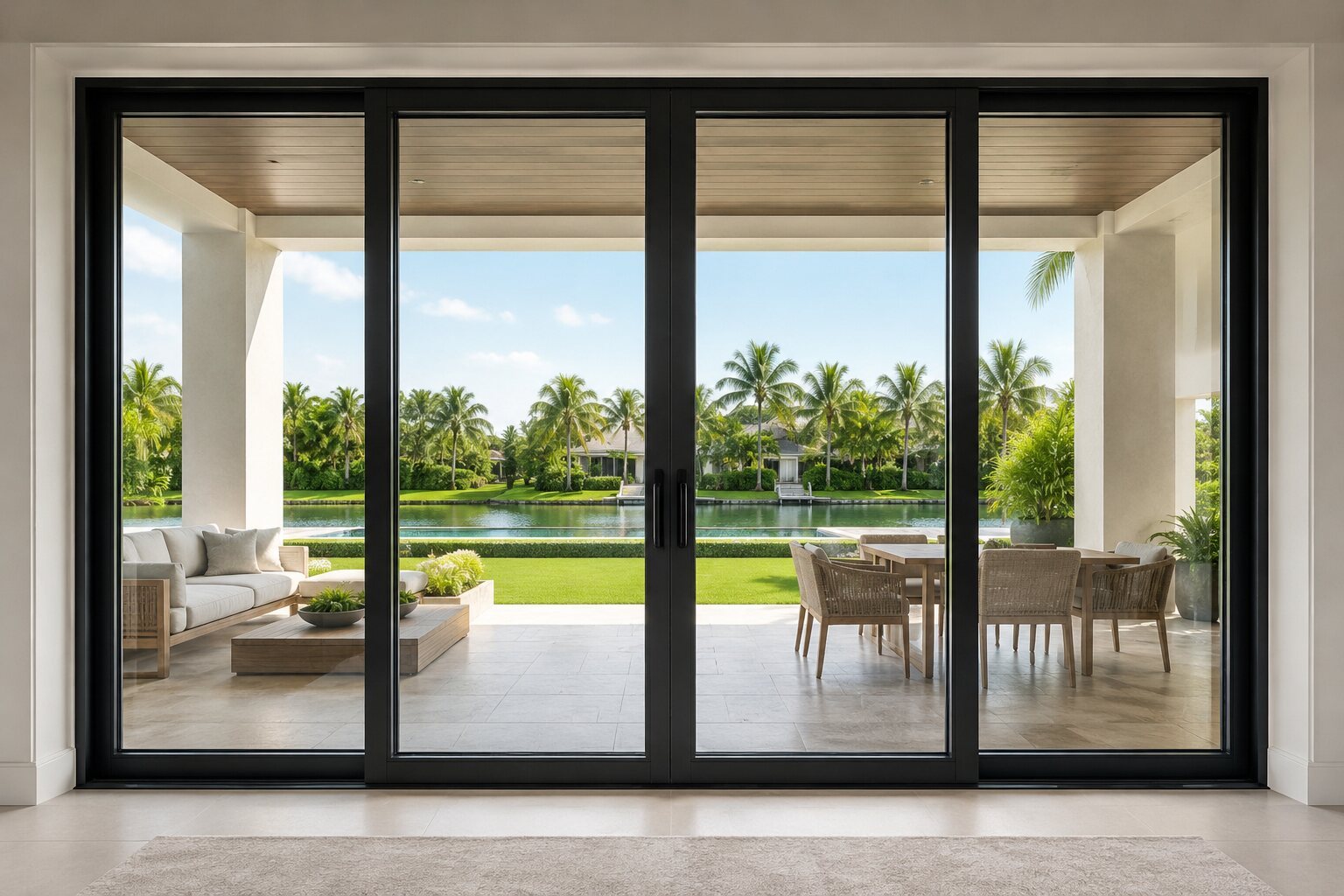 Wide sliding glass doors in a modern home