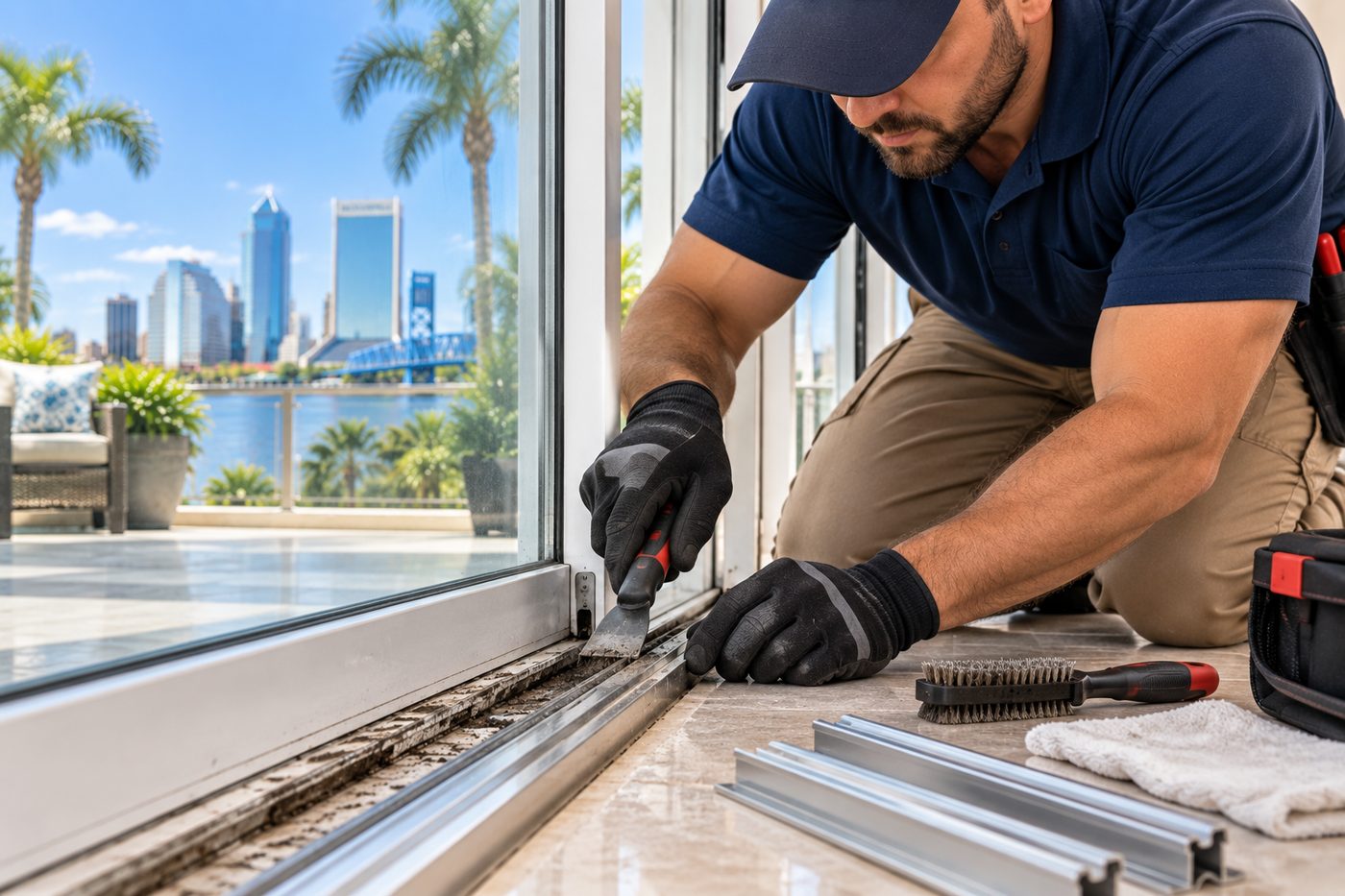 Technician brushing debris from a sliding door track