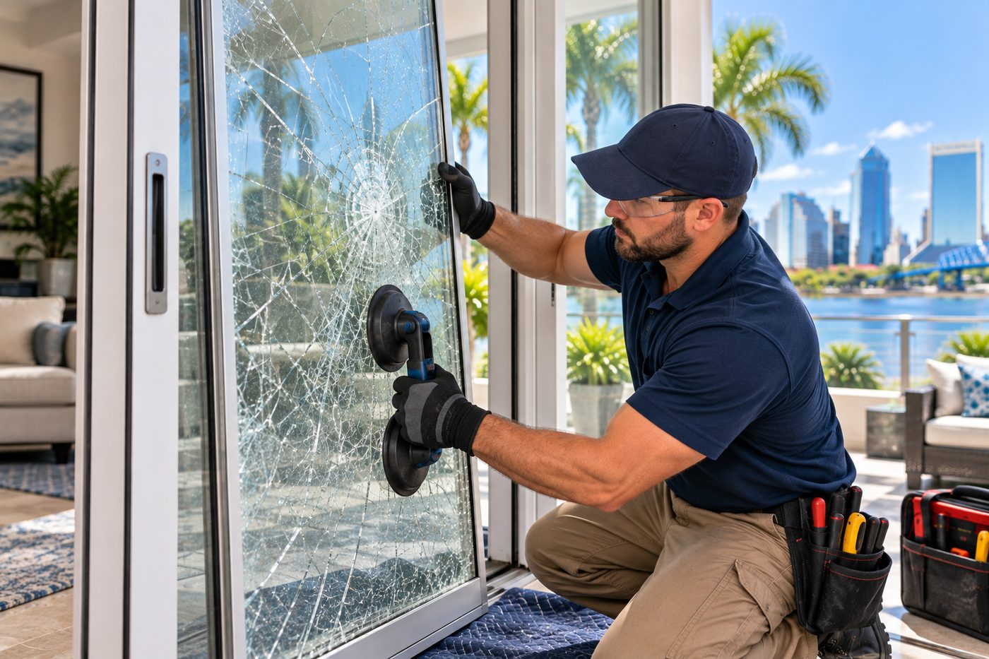 Sliding glass door repair in progress