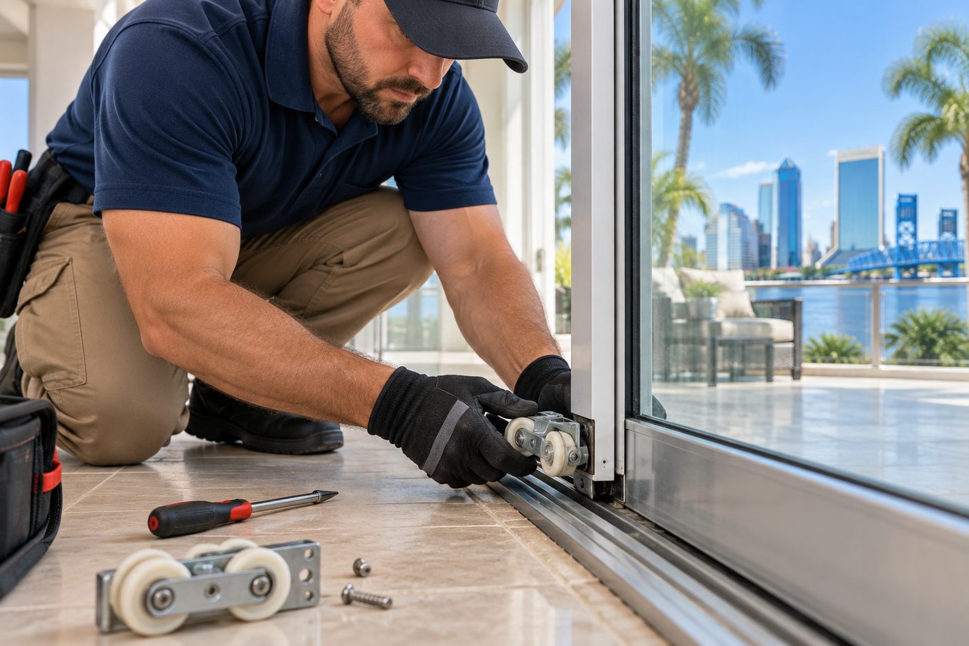 Technician installing new sliding door rollers