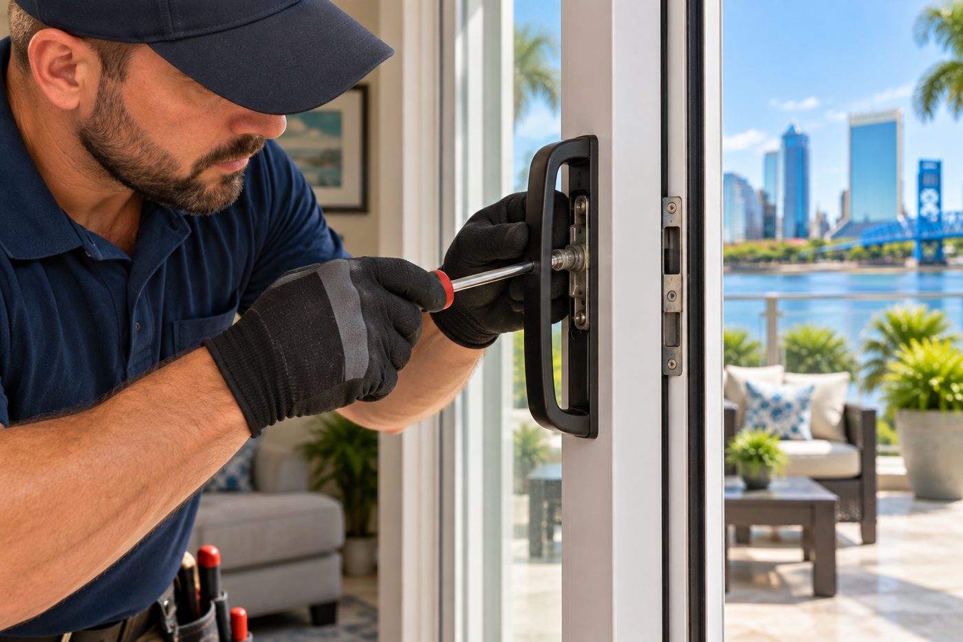 Technician servicing a sliding door lock