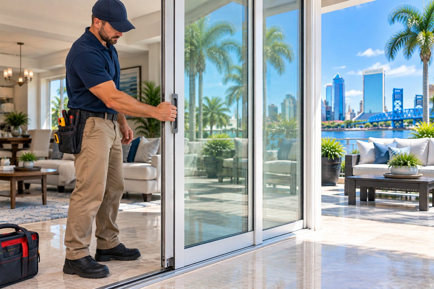 Technician testing a sliding patio door