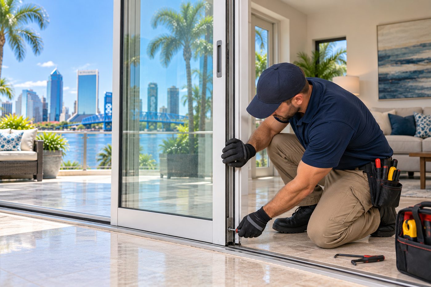 Technician repairing a sliding glass door