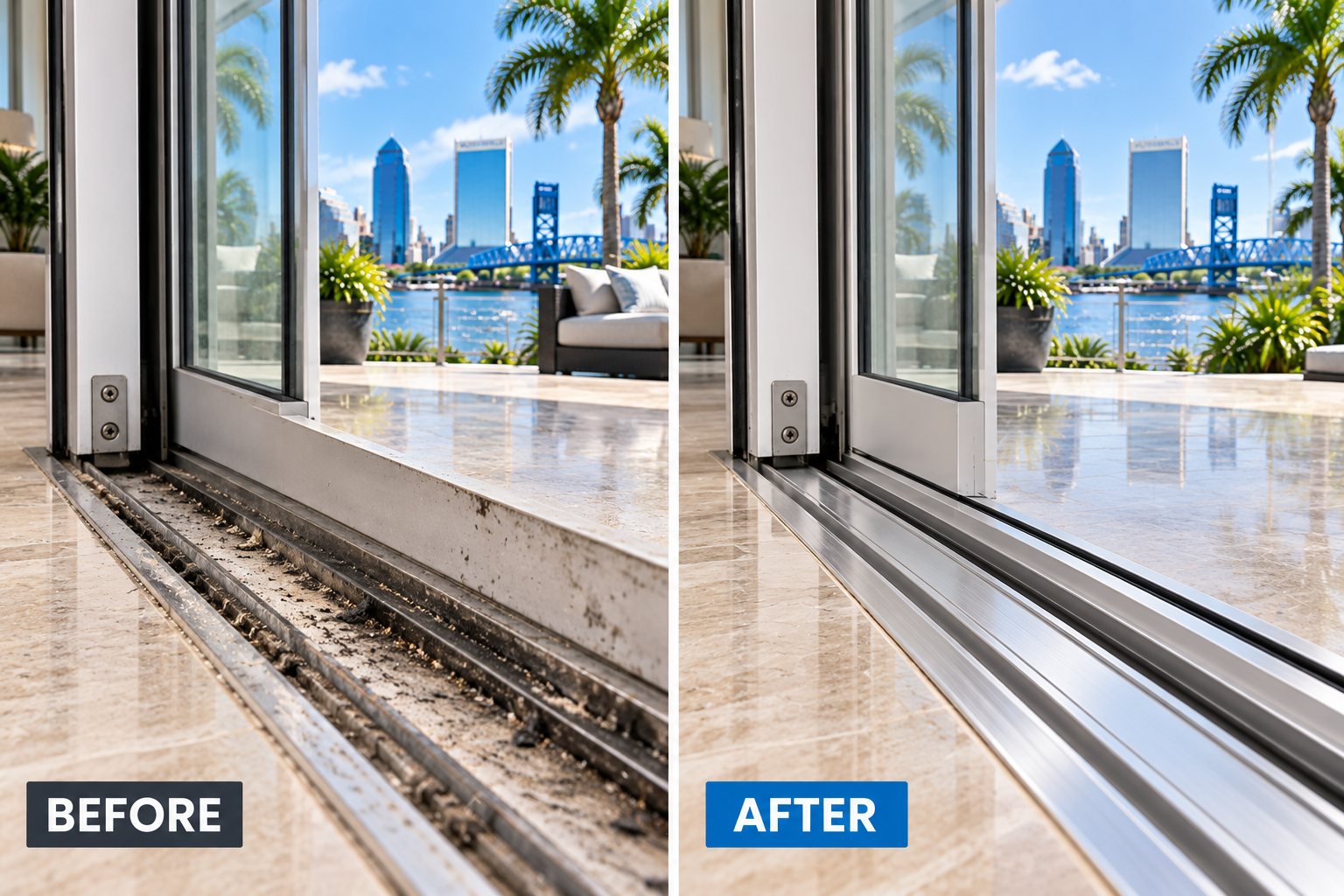 Before and after of a cleaned sliding door track