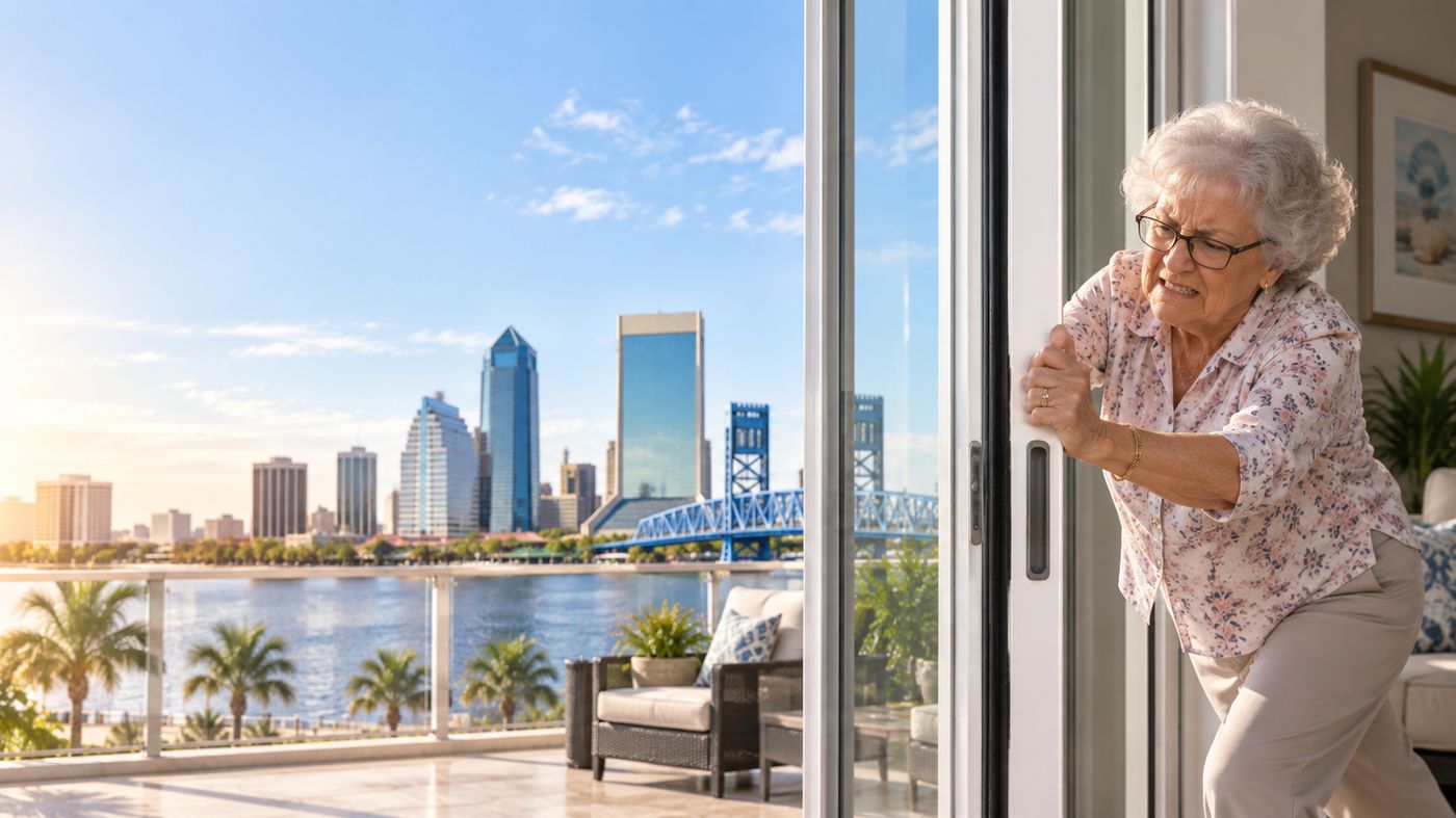 Homeowner struggling to open a stuck sliding glass door